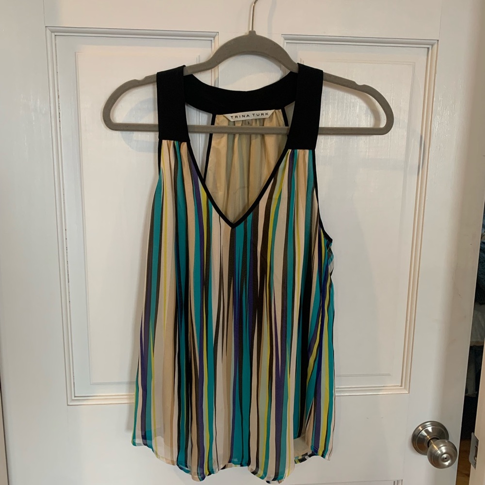 100% Silk, Trina Turk tank top size medium. Blue and green stripes, black detail